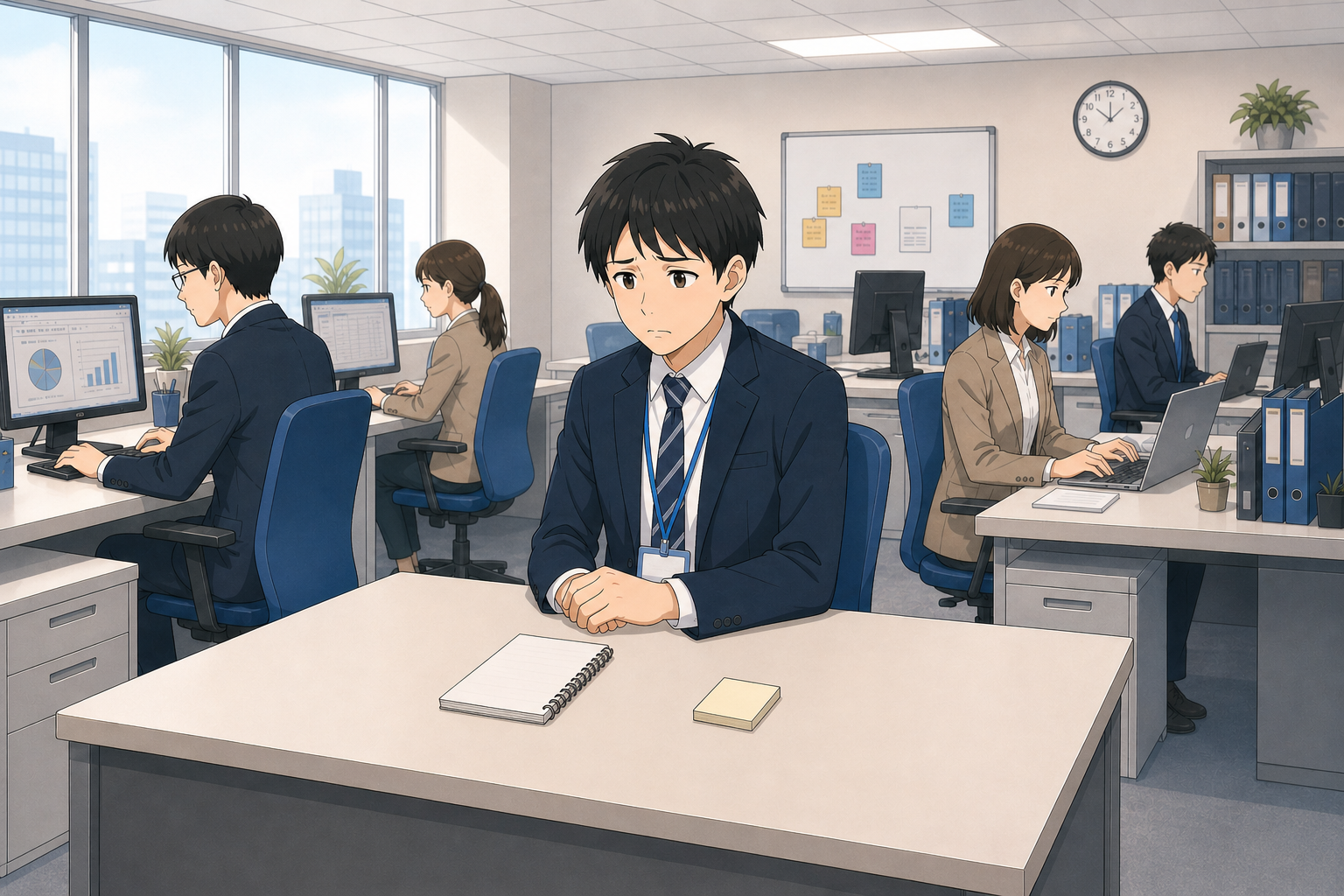 初日に放置されて困っている新入社員のイメージ