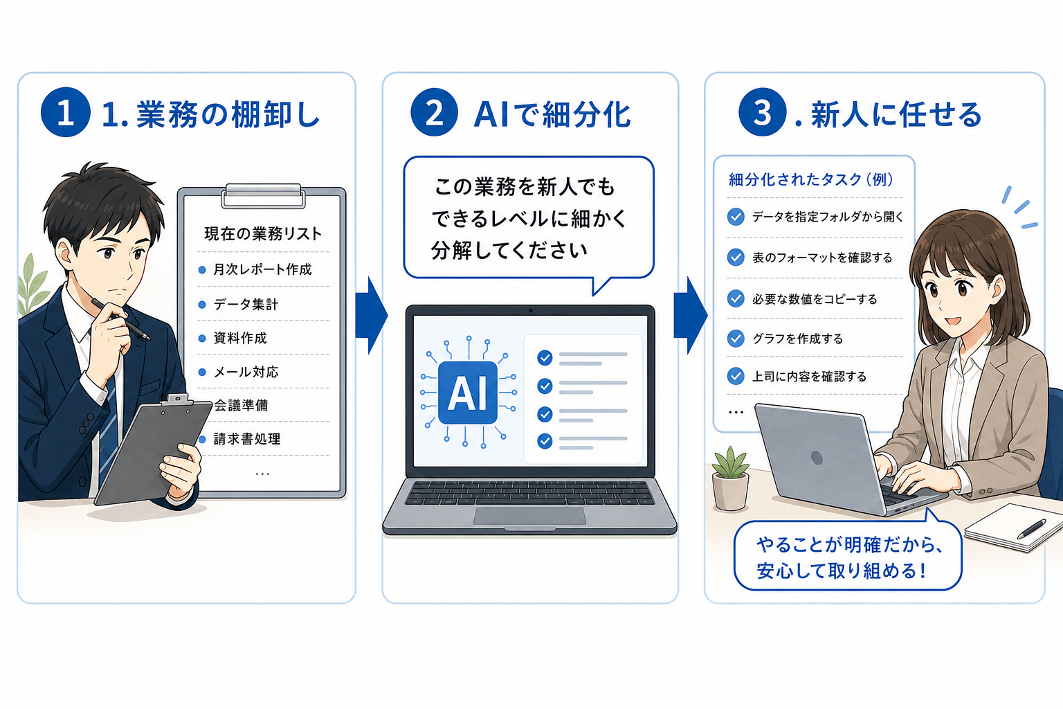 業務を棚卸ししてAIで細分化し新人に任せる流れの図解